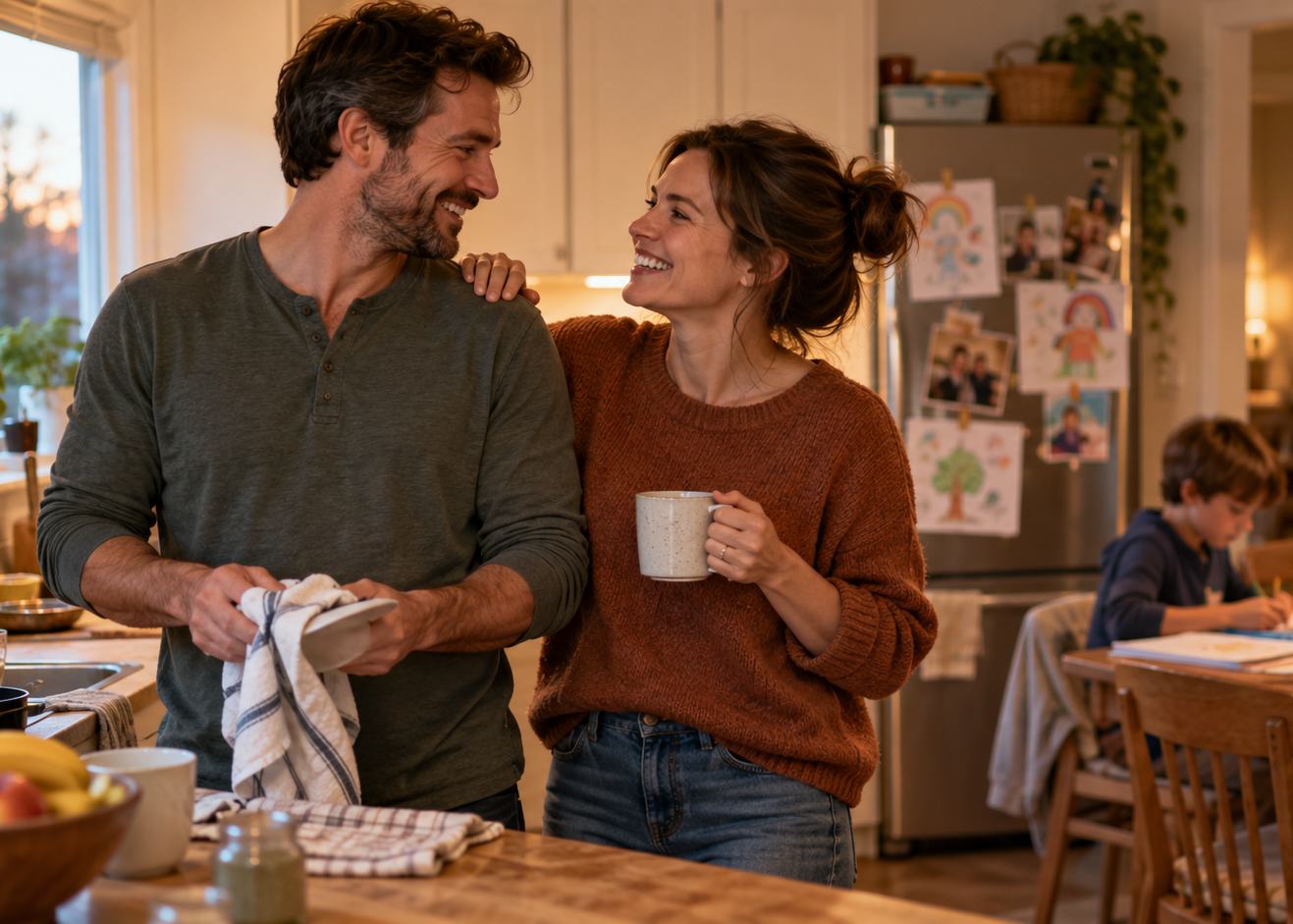 Couple sharing a warm moment in the kitchen